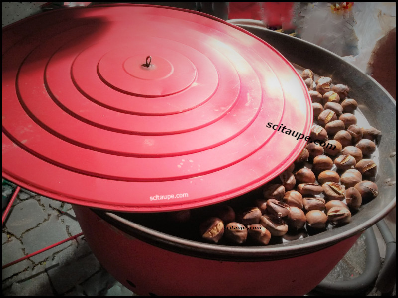 Chestnuts are roasted over wood fire in an iron oven