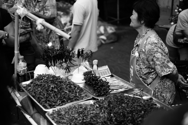 Cooked locusts for sale at a local market in Asia. 