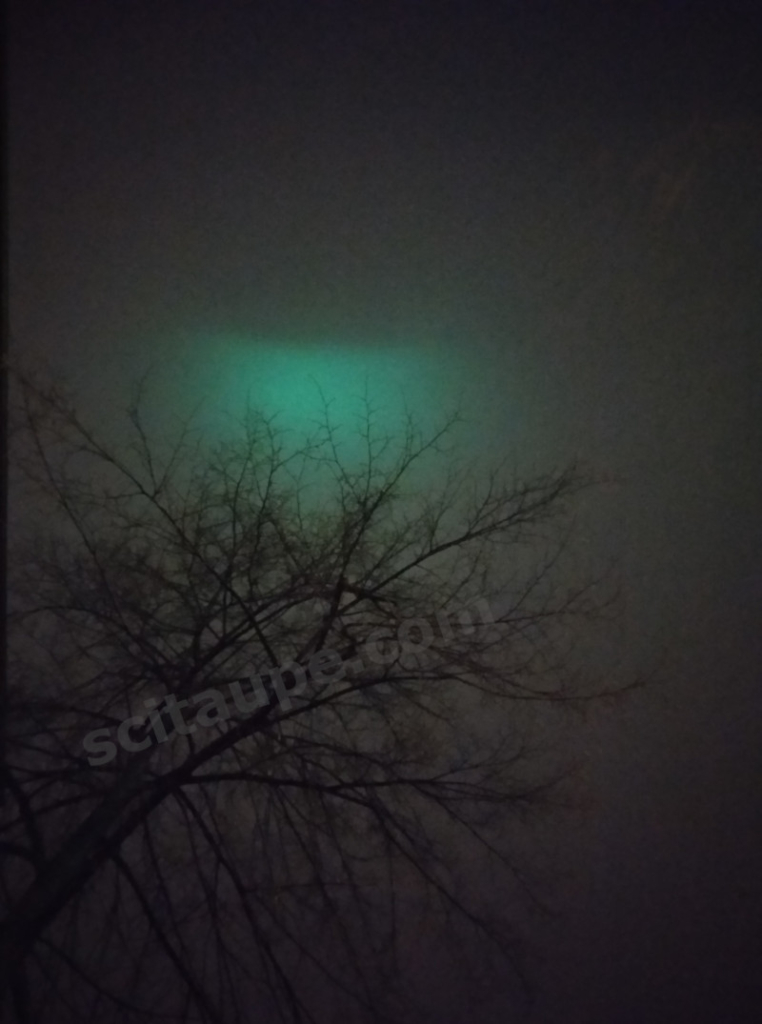 The silhouette of a tree against the green glow on the sky. Picture taken at Nuremberg, Germany