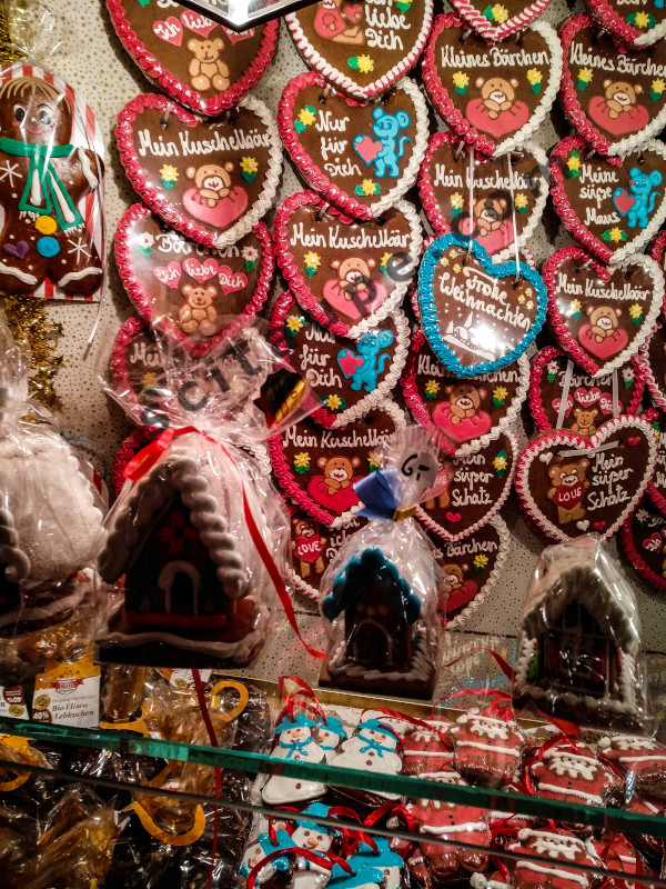 Christkindlesmarkt: Lebkuchen or German Gingerbread in sold in a variety of different shapes and attractive colors with messages for your loved ones