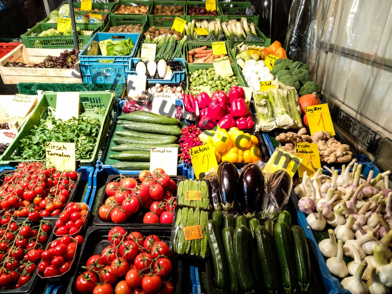 Winter Vegetables and Fruits in Germany -  for sale at a stall in Nuremberg Hauptmarkt